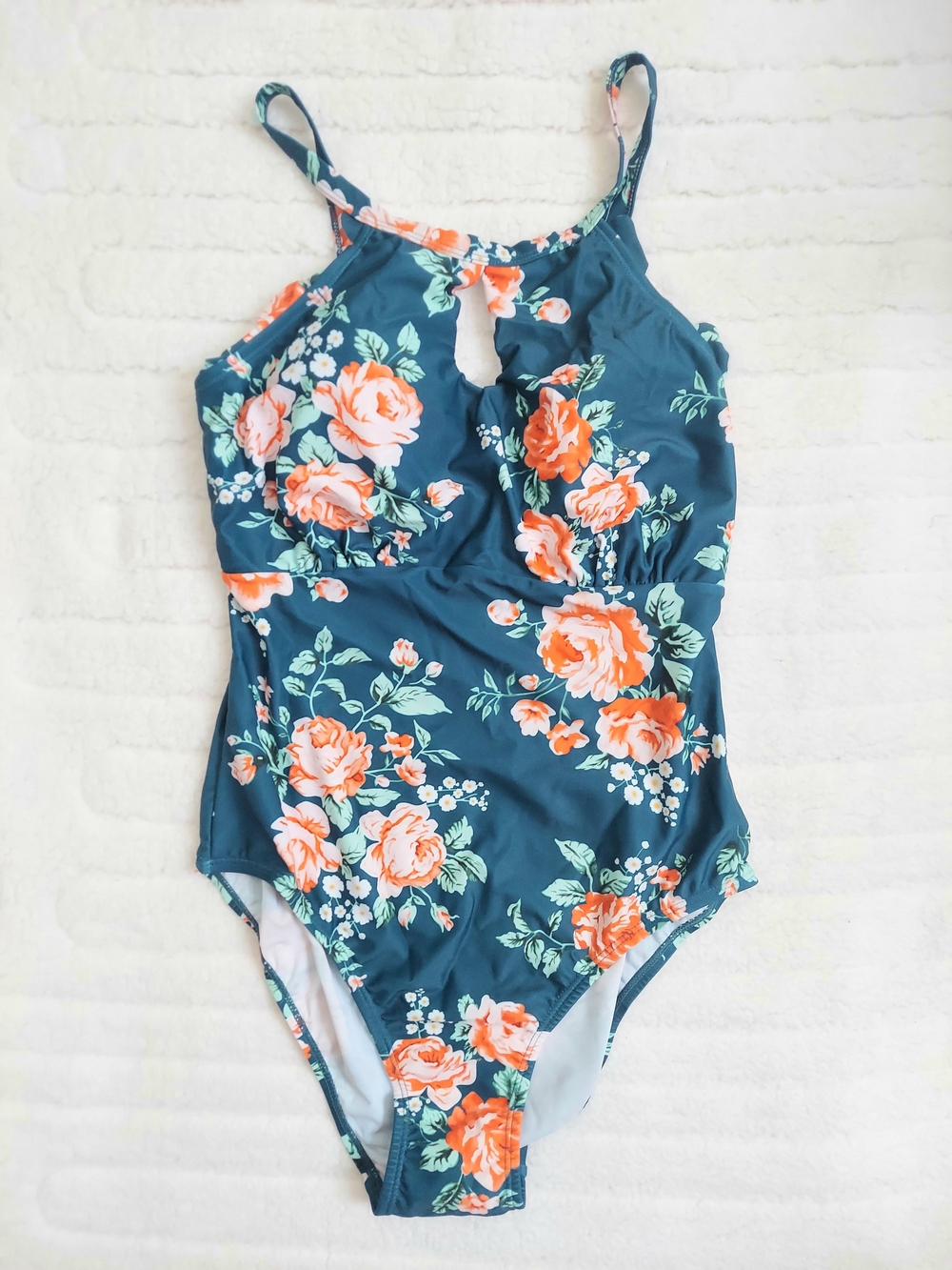 Meetwell Floral Keyhole Teal & Peach Floral One-Piece Swimsuit Women Medium NWT - Picture 1 of 6